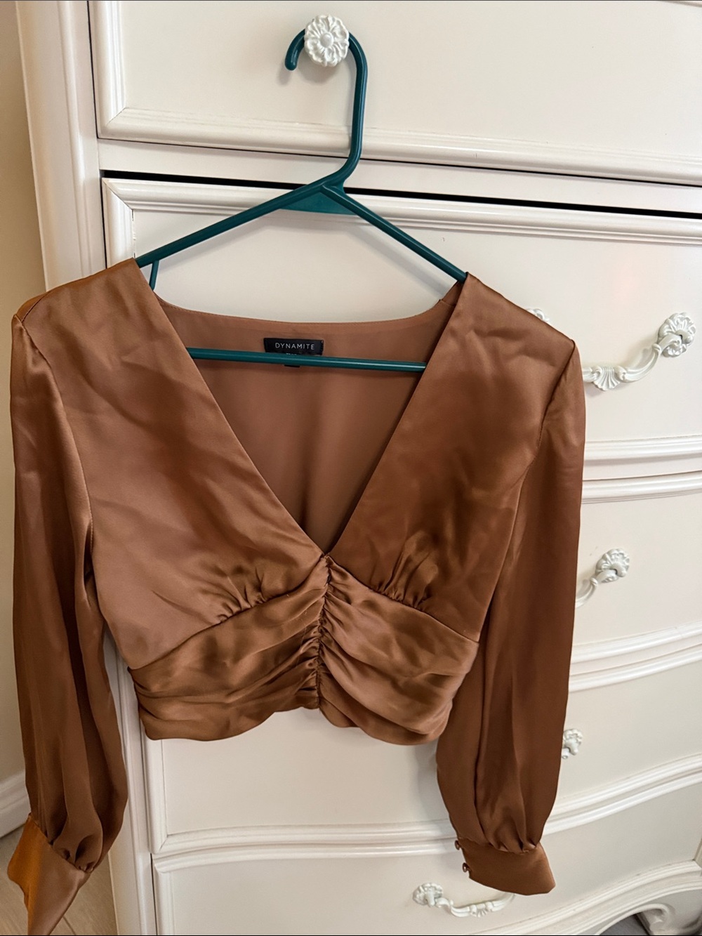 Dynamite Copper Satin Ruched V‑Neck Crop Blouse